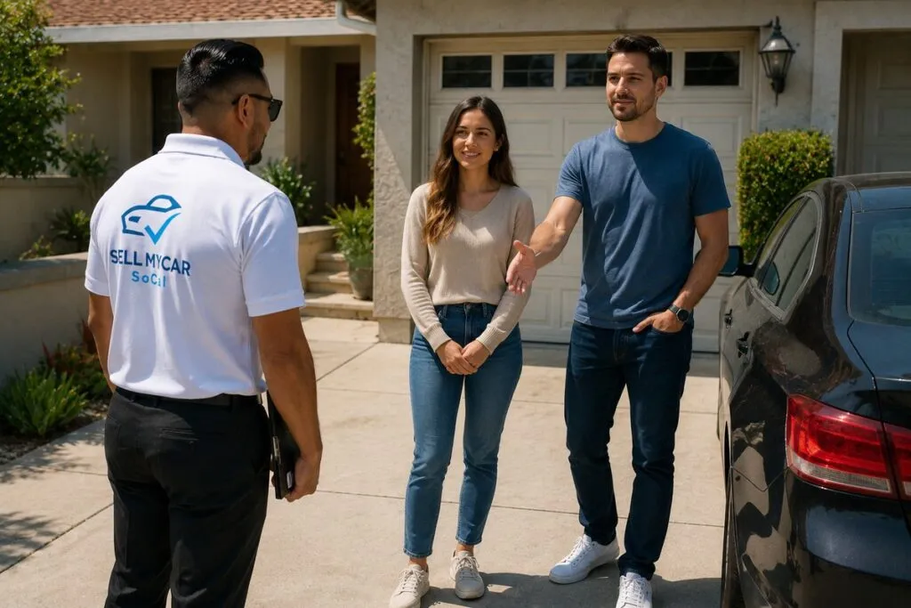 Local couple meeting with a Sell My Car SoCal representative for a vehicle evaluation.