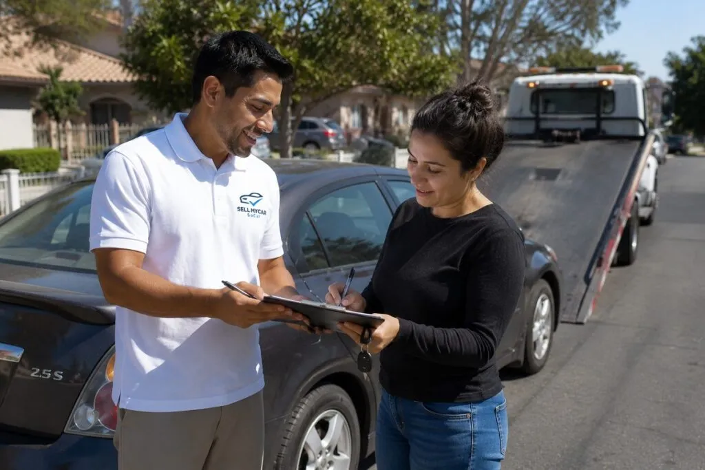 Sell My Car SoCal representative helping a seller complete paperwork for a cash for cars transaction.