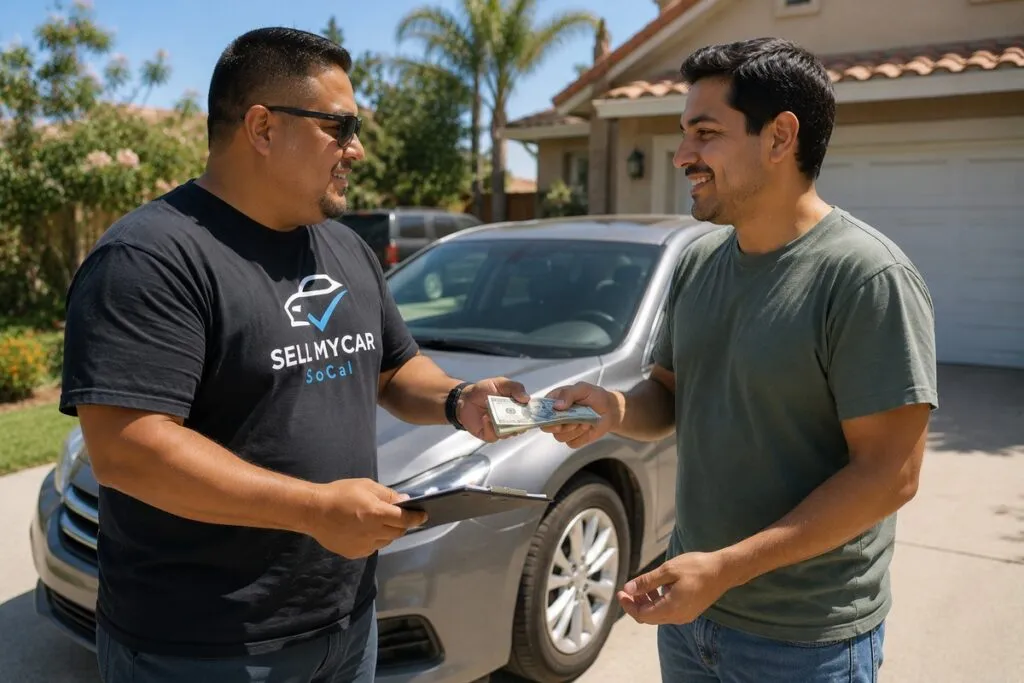 Sell My Car SoCal buyer providing cash payment to a seller beside his vehicle.