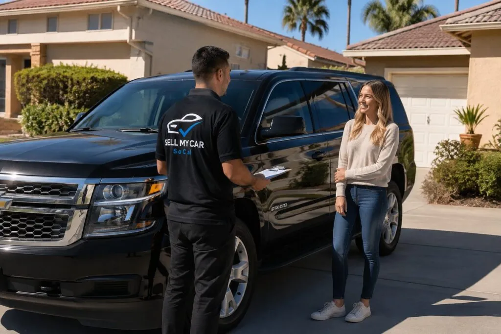 Sell My Car SoCal representative discussing a cash offer with an SUV seller during a convenient local vehicle evaluation.