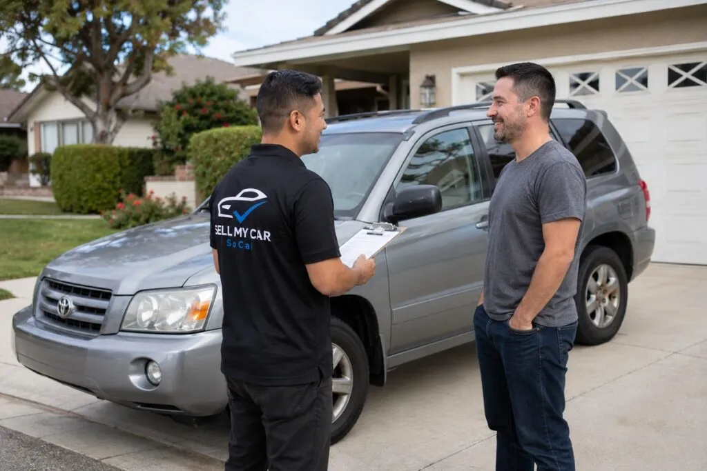 SUV seller speaking with a Sell My Car SoCal representative about an easy cash-for-SUV sale in Southern California.