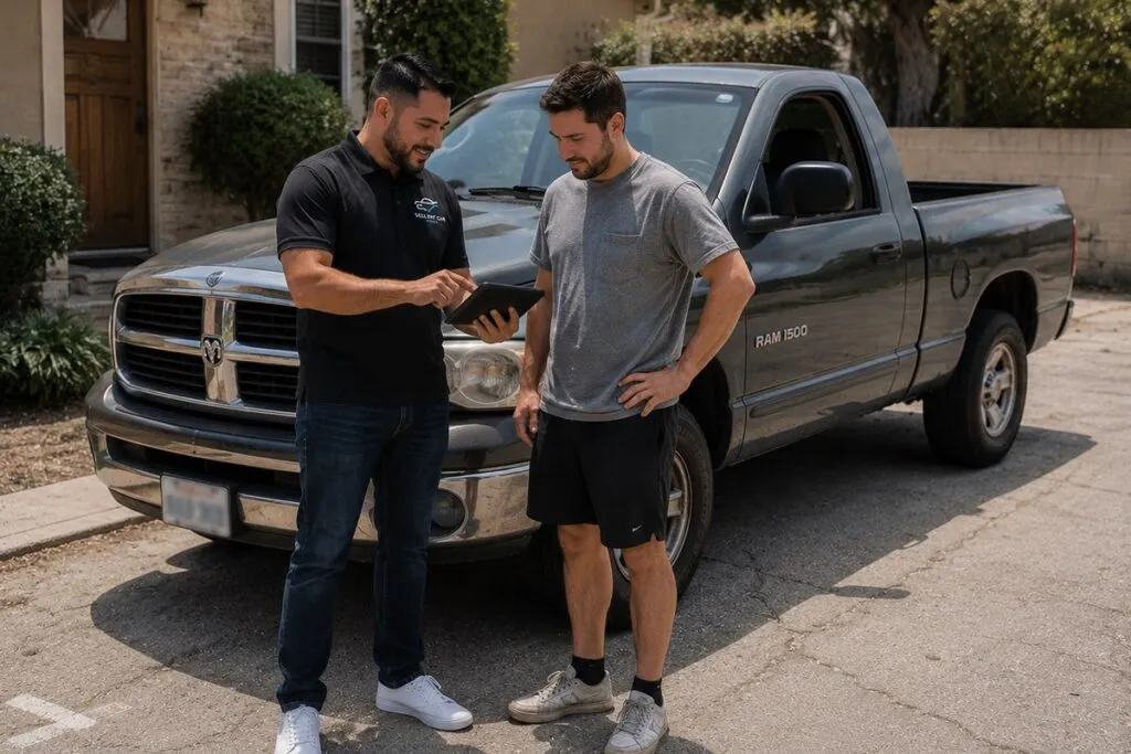 Sell My Car SoCal representative discussing a cash offer with a local pickup truck seller.