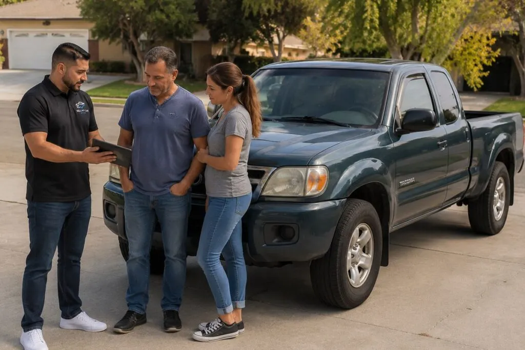Sell My Car SoCal representative showing a cash offer to truck sellers beside their pickup truck.