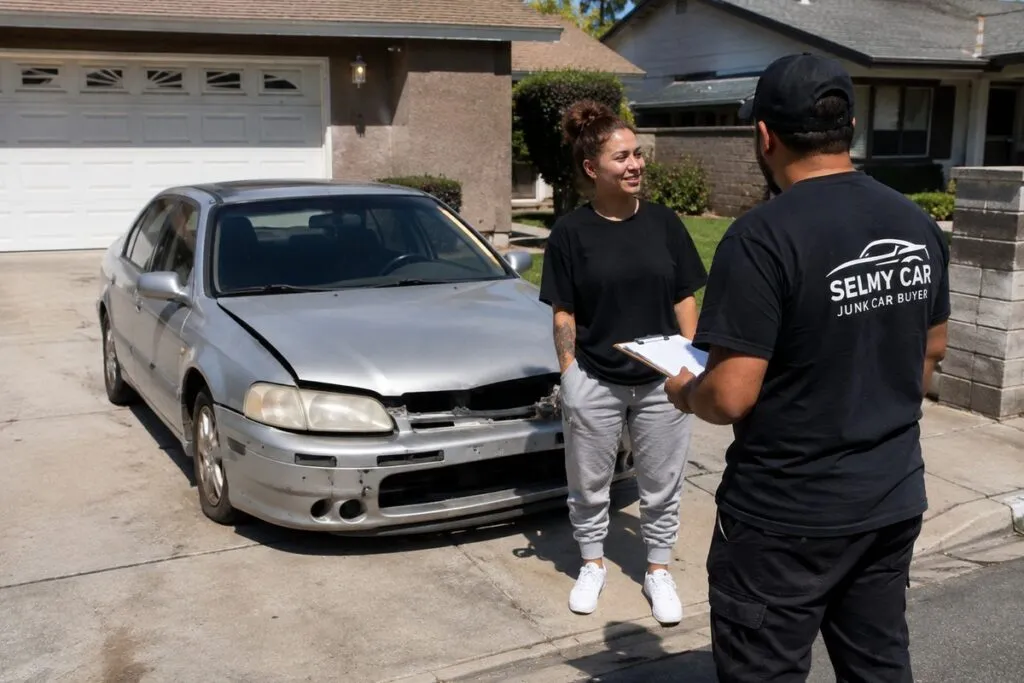 Seller discussing a cash offer for a damaged car with a Sell My Car SoCal representative.
