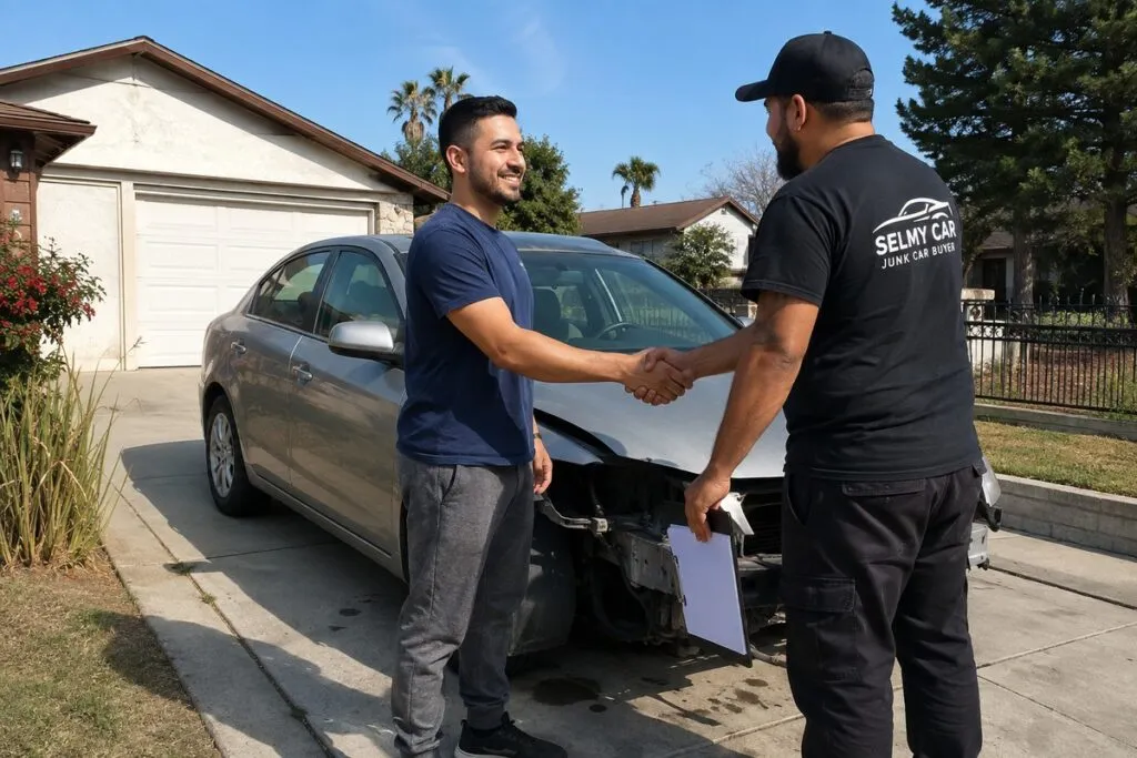 Seller shaking hands with a Sell My Car SoCal representative after completing a damaged car sale.