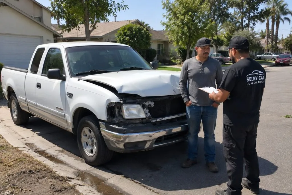 Damaged pickup truck being evaluated by a Sell My Car SoCal representative for a cash offer.