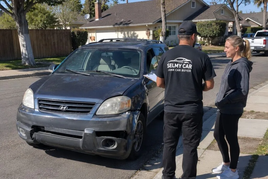 Sell My Car SoCal representative discussing a cash offer with the seller of a damaged SUV.