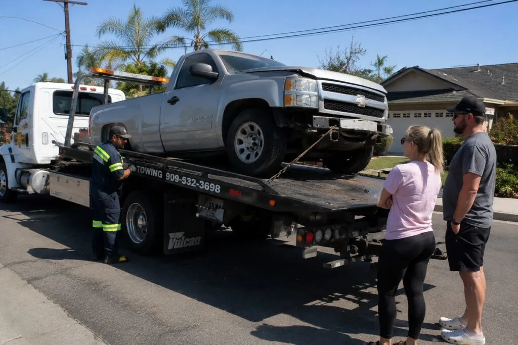 Damaged pickup truck loaded on a tow truck for sale and removal in Southern California.