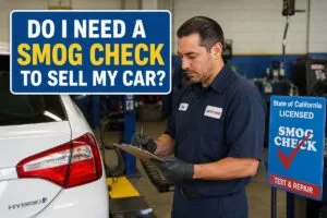 California smog check for selling a used car with a technician inspecting a vehicle for Sell My Car SoCal.