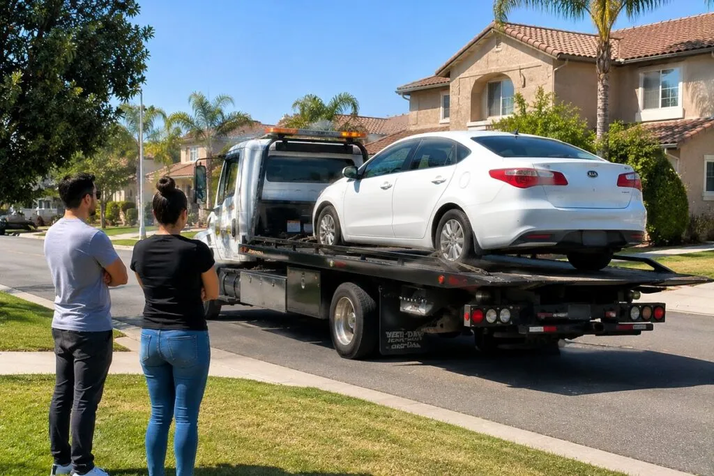 Junk car being loaded onto a tow truck for convenient vehicle pickup in Southern California.
