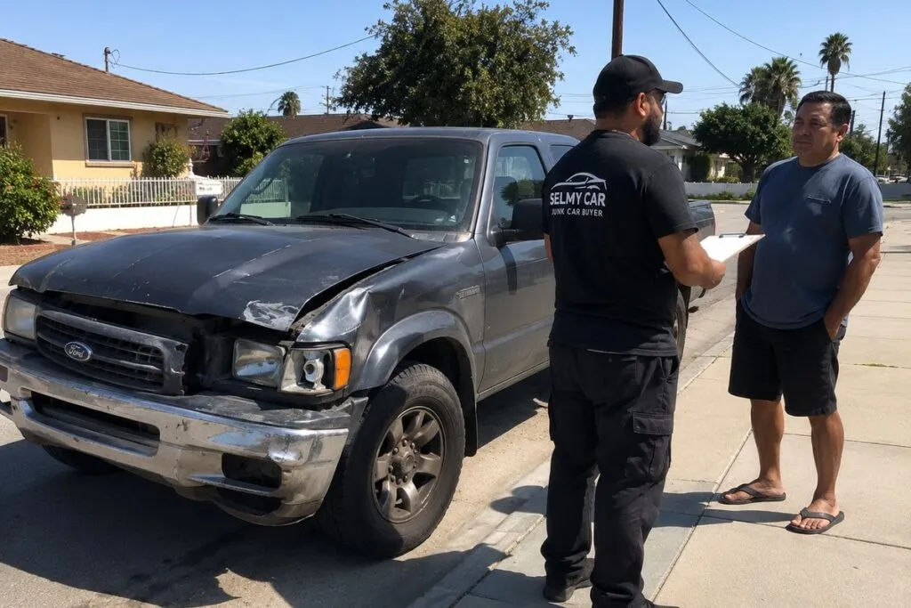 Seller discussing the sale of a damaged pickup truck with a Sell My Car SoCal representative.