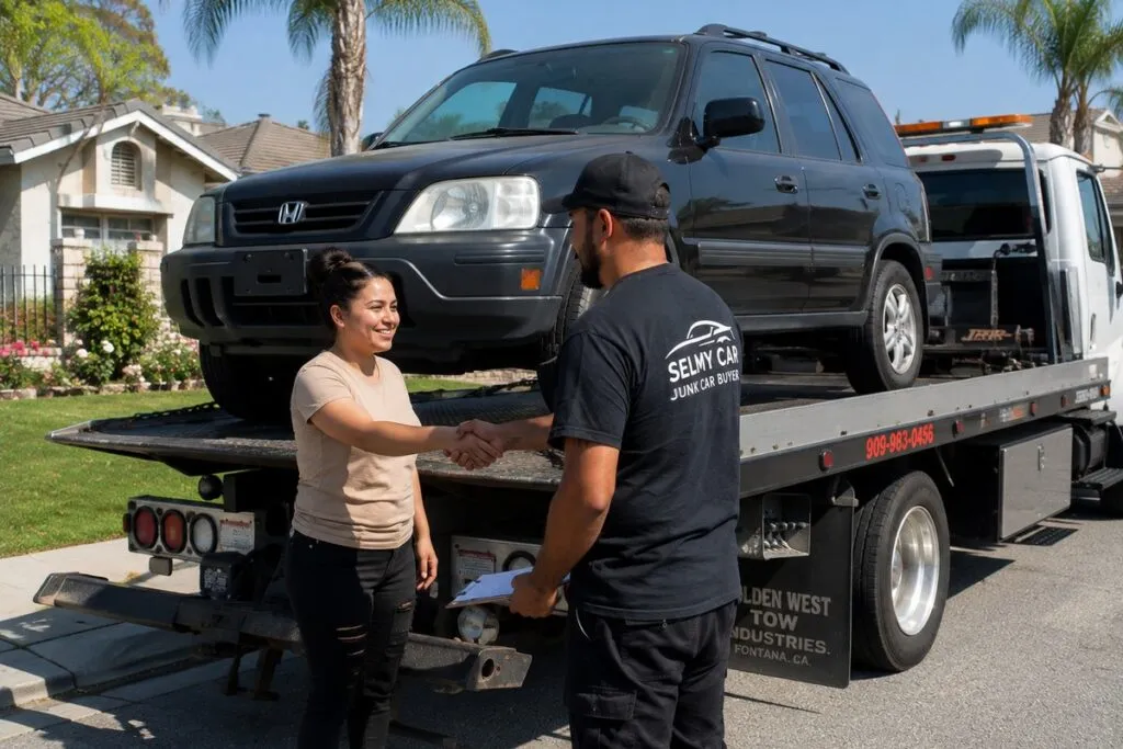 Seller completing a junk SUV sale with a Sell My Car SoCal representative beside a tow truck.