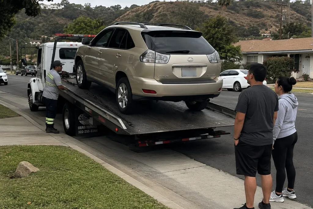 Junk SUV loaded onto a flatbed tow truck for vehicle removal in Southern California.
