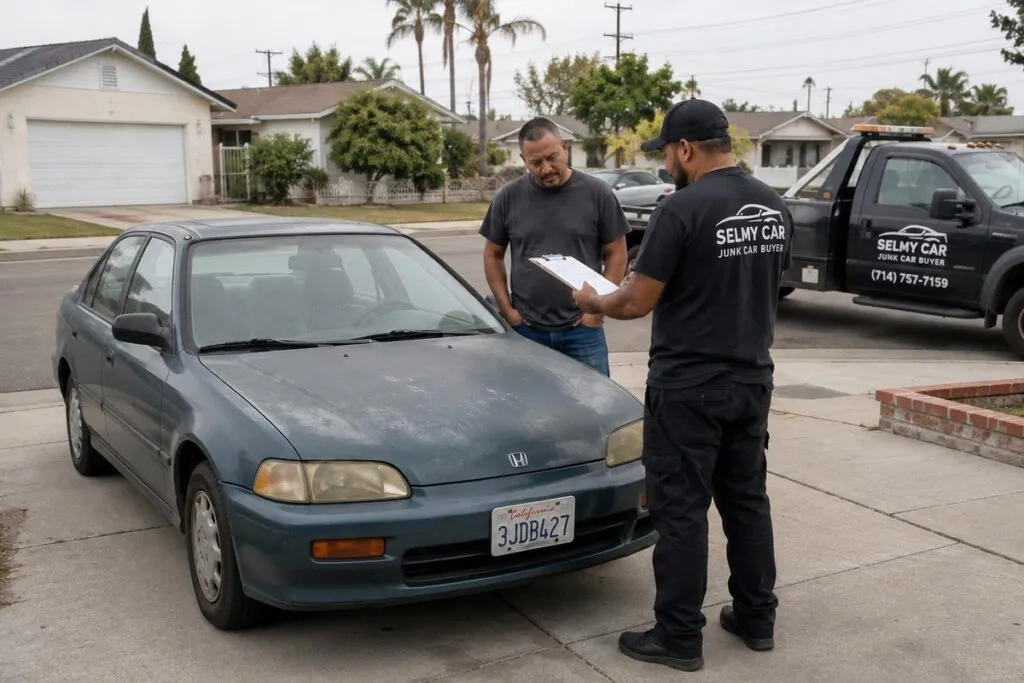 Sell My Car SoCal representative reviewing paperwork with a seller beside a used car.