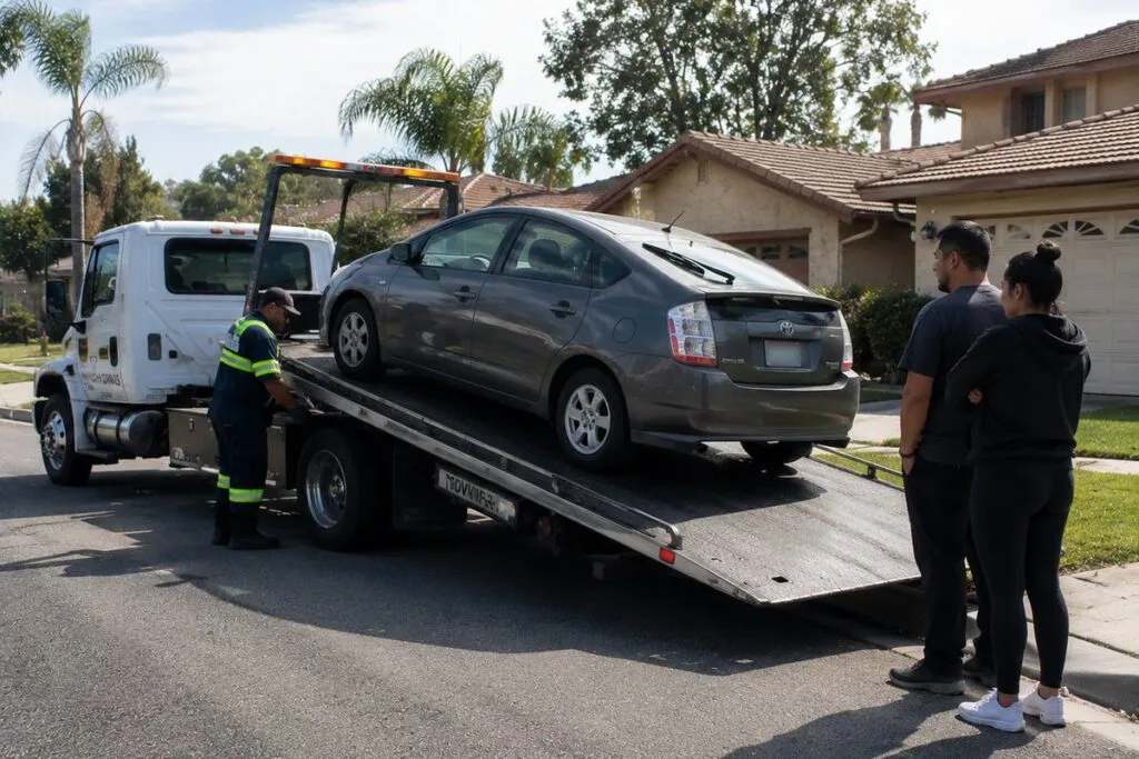 Used car loaded onto a tow truck during a vehicle removal service in Southern California.