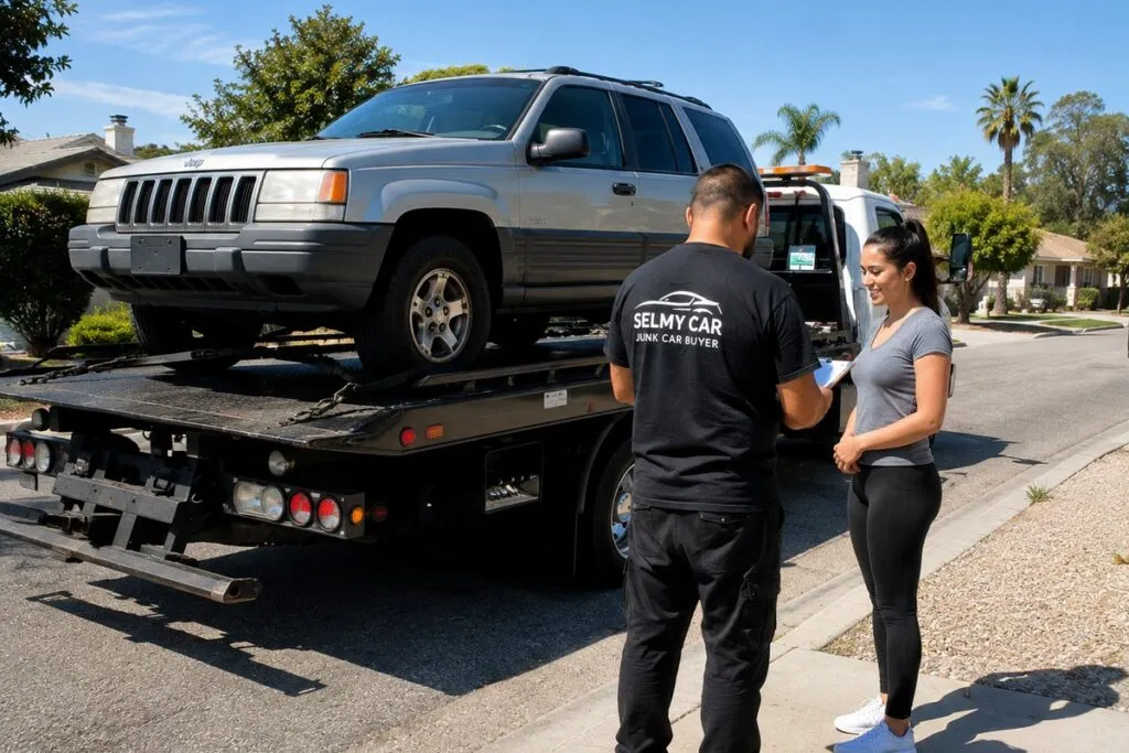 Used SUV on a tow truck during a cash-for-cars transaction in Southern California.