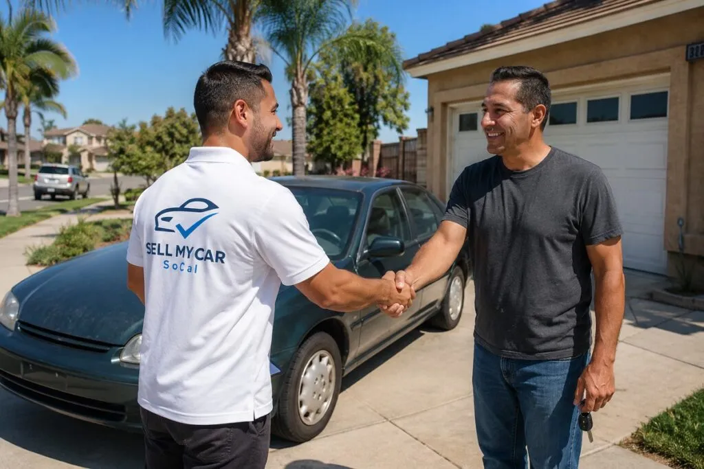 Sell My Car SoCal representative shaking hands with a local seller after evaluating a used car.