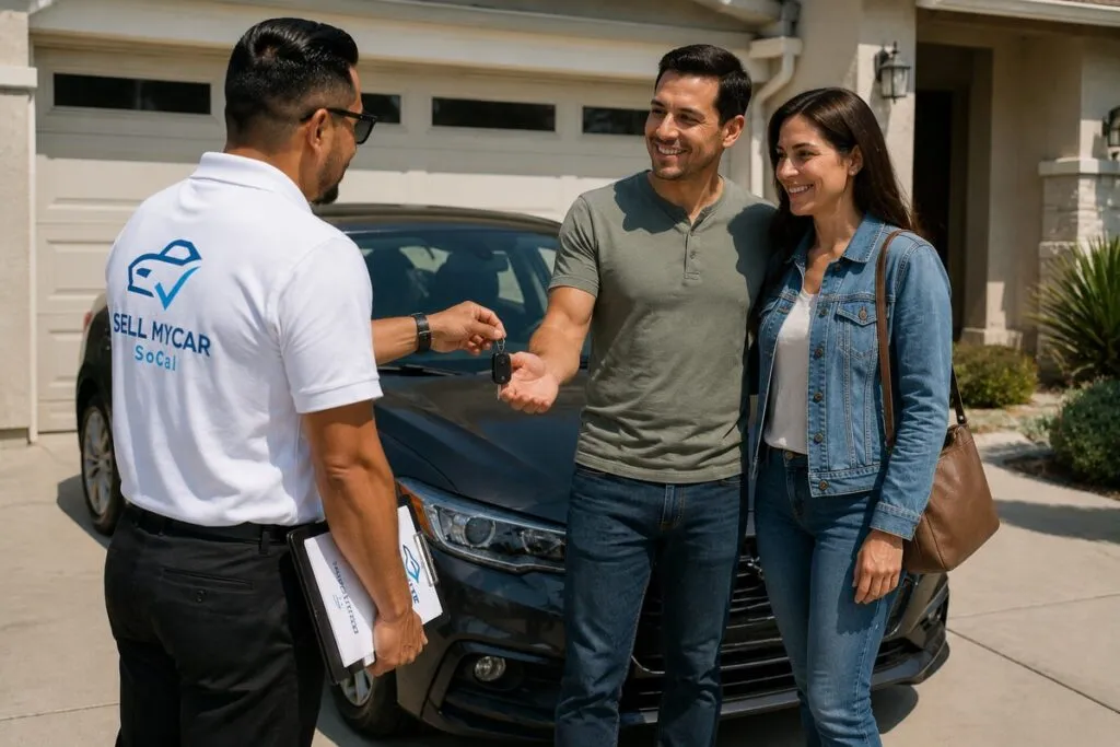 Seller receiving car keys during a completed Sell My Car SoCal vehicle sale at a Southern California home.