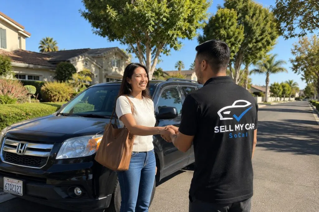 Interested SUV seller meeting with a Sell My Car SoCal representative to sell an SUV for cash in Southern California.