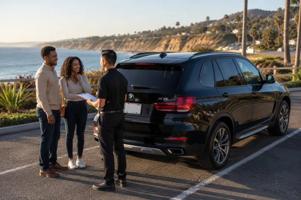 SUV seller having a positive conversation with a Sell My Car SoCal representative about a simple offer for the vehicle.