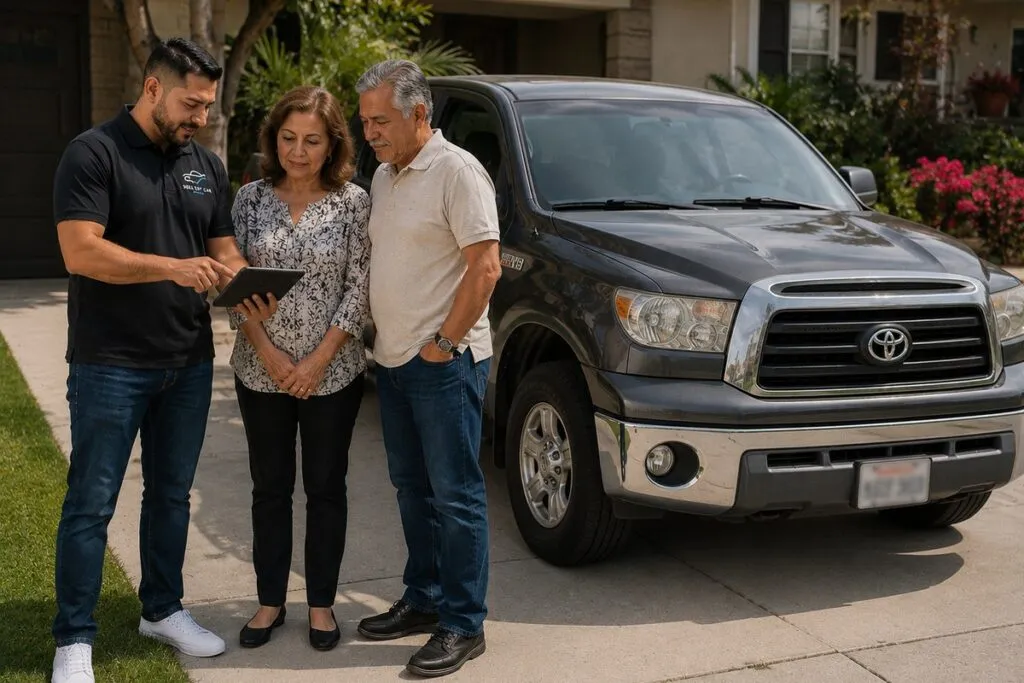 Truck owner reviewing a cash offer with Sell My Car SoCal beside a pickup truck in Southern California.