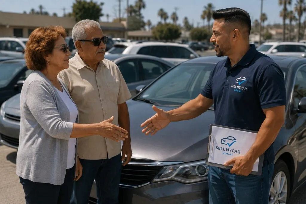 Sell My Car SoCal buyer inspecting a vehicle with a couple before making a cash offer.