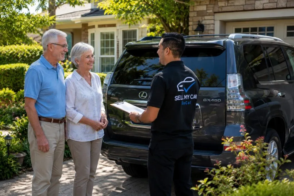 Sell My Car SoCal representative assisting an interested seller who wants to sell a used SUV for cash.