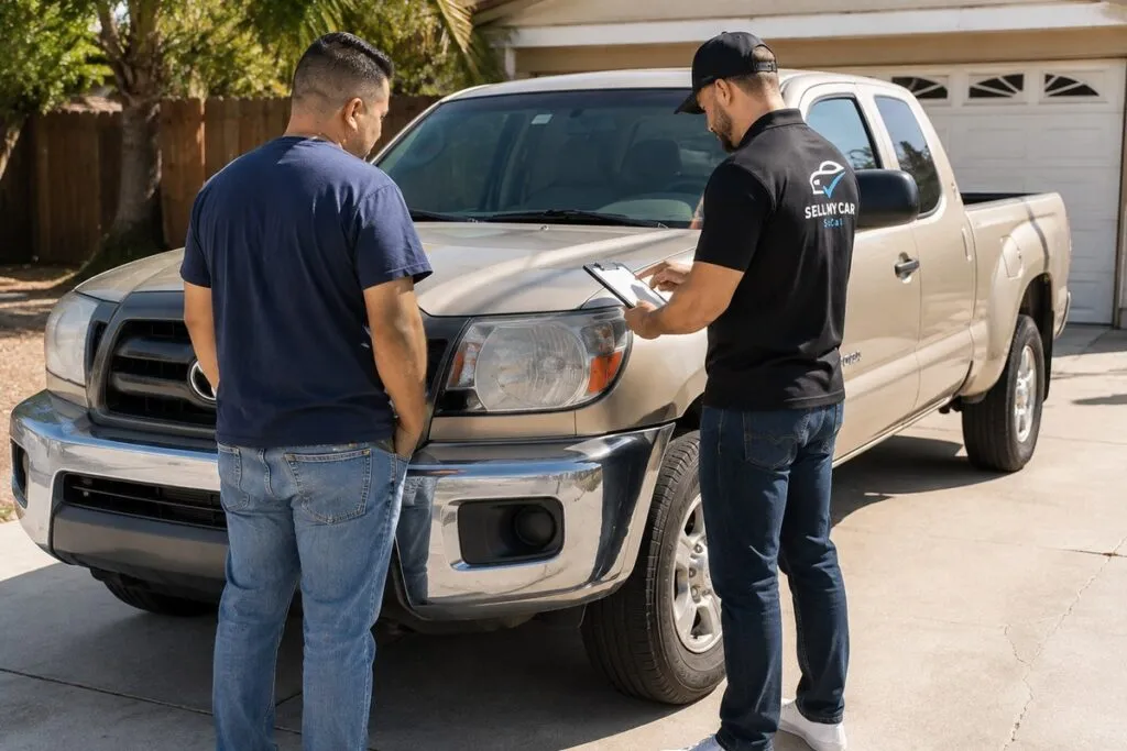 Truck seller meeting with Sell My Car SoCal for an in-person used pickup truck evaluation in Southern California.