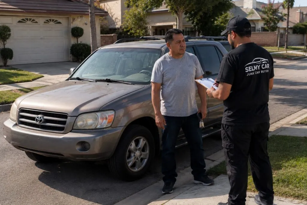 Vehicle seller speaking with a Sell My Car SoCal representative about selling a used SUV for cash.