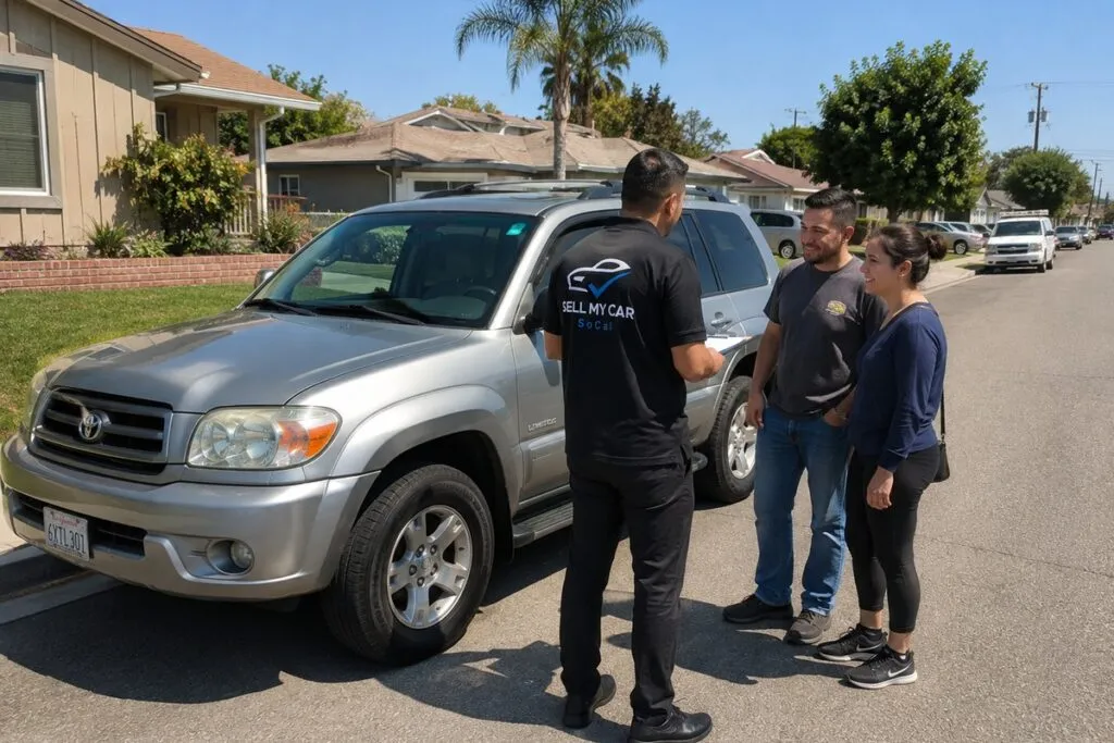 Sell My Car SoCal representative explaining the easy SUV selling process to an interested Southern California vehicle seller.