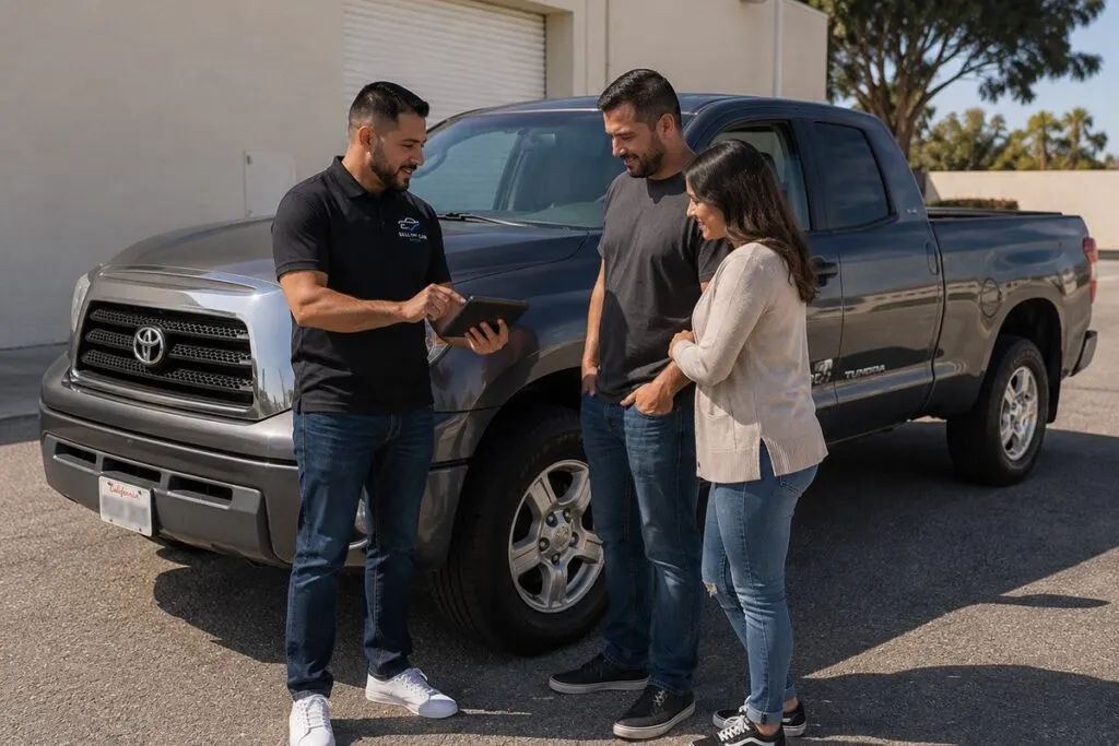 Sell My Car SoCal representative presenting a truck offer to sellers beside their pickup in Southern California.