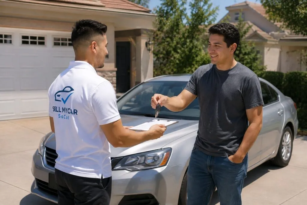 Local seller handing car keys to a Sell My Car SoCal representative after selling his vehicle.