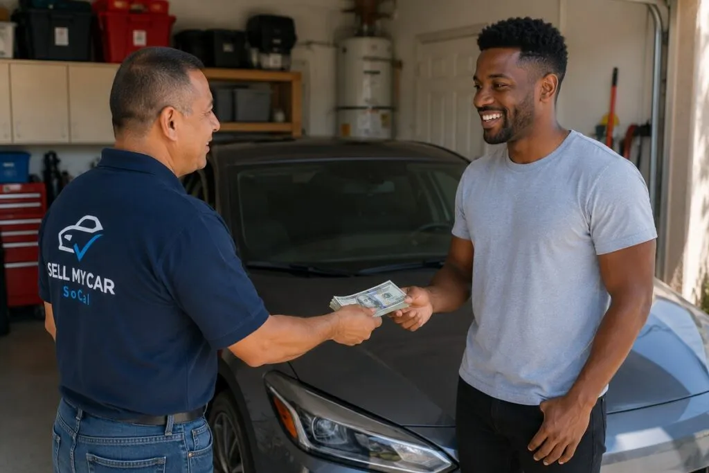 Local car seller receiving cash payment after selling his vehicle to a SoCal car buyer.