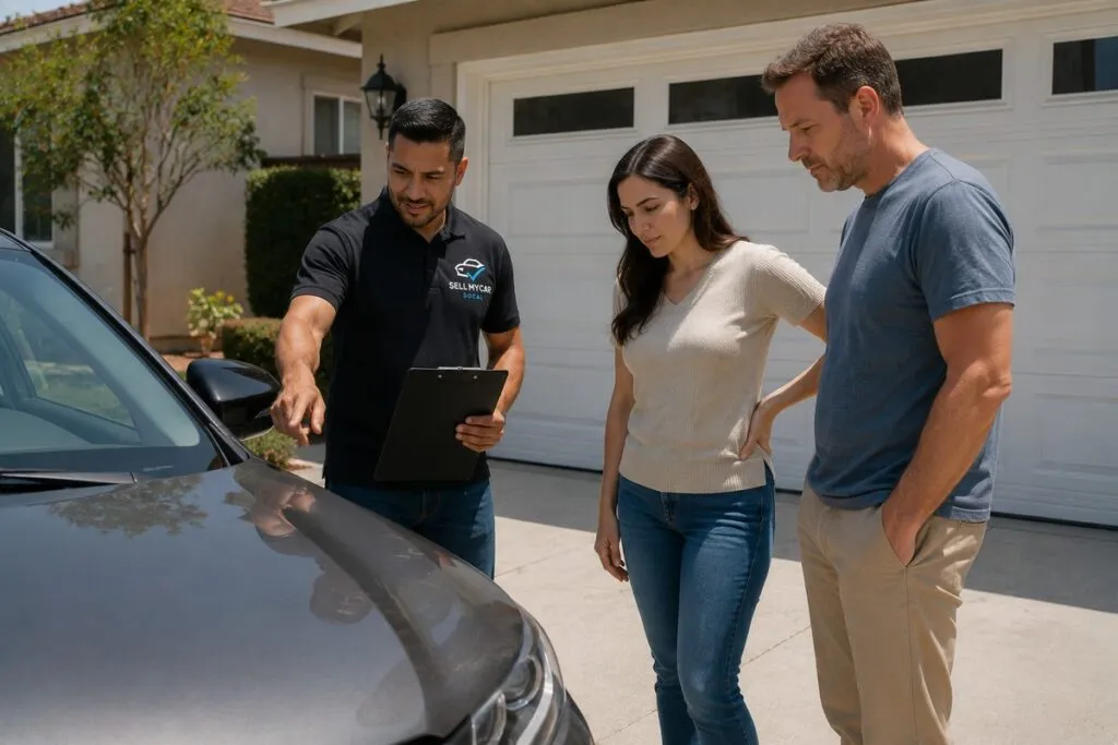 Sell My Car SoCal representative discussing a vehicle with sellers during an at-home car inspection.