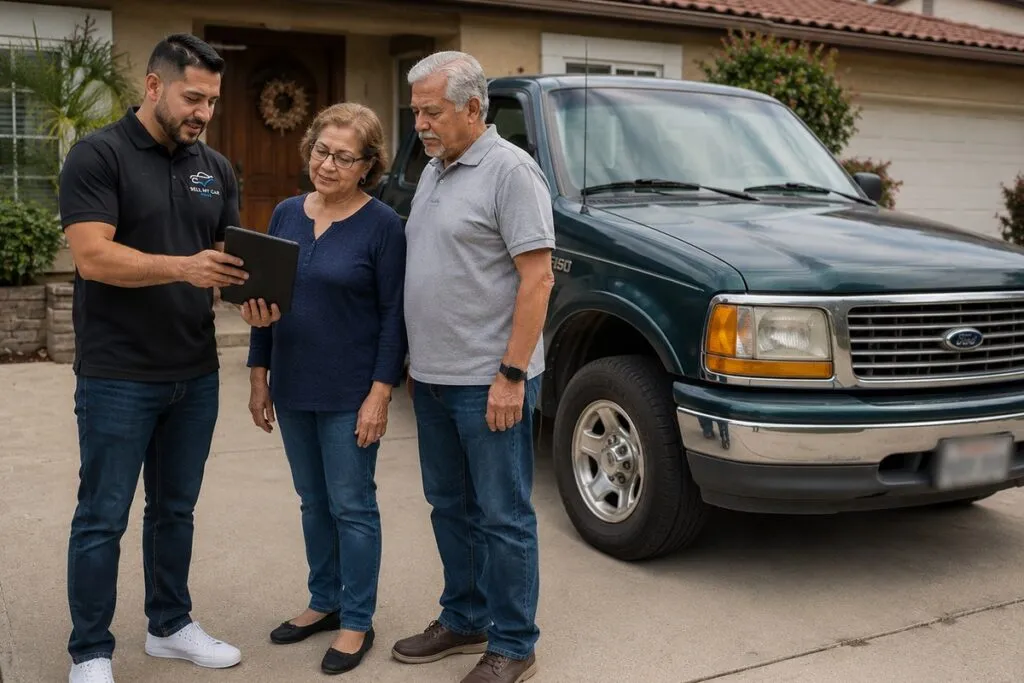Local truck sellers reviewing their pickup truck offer with a Sell My Car SoCal representative.