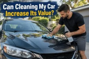 Man cleaning a used car before selling to help increase its value and improve its appearance for potential buyers.