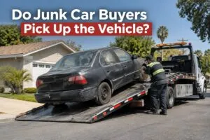 Junk car buyer towing a used vehicle for pickup and removal
