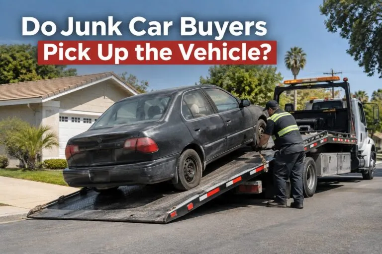 Junk car buyer towing a used vehicle for pickup and removal