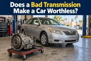 Used car beside a removed transmission, illustrating its remaining resale value for Sell My Car SoCal.