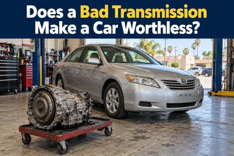 Used car beside a removed transmission, illustrating its remaining resale value for Sell My Car SoCal.